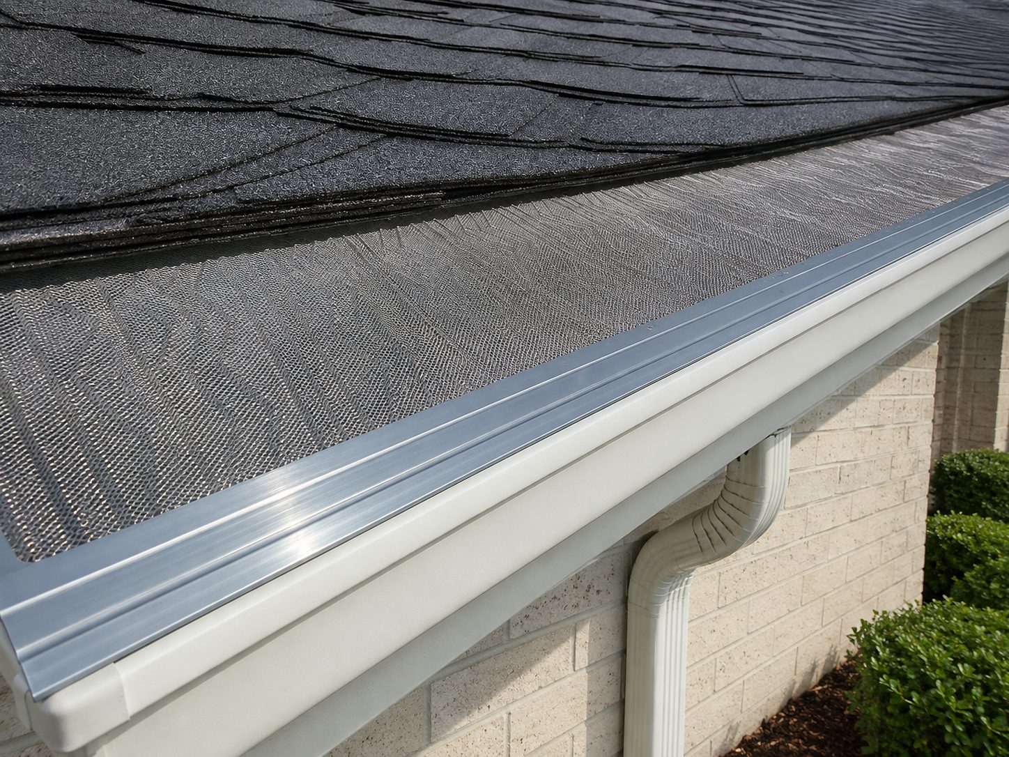 Stainless micro-mesh guard detail on a white 5-inch gutter.