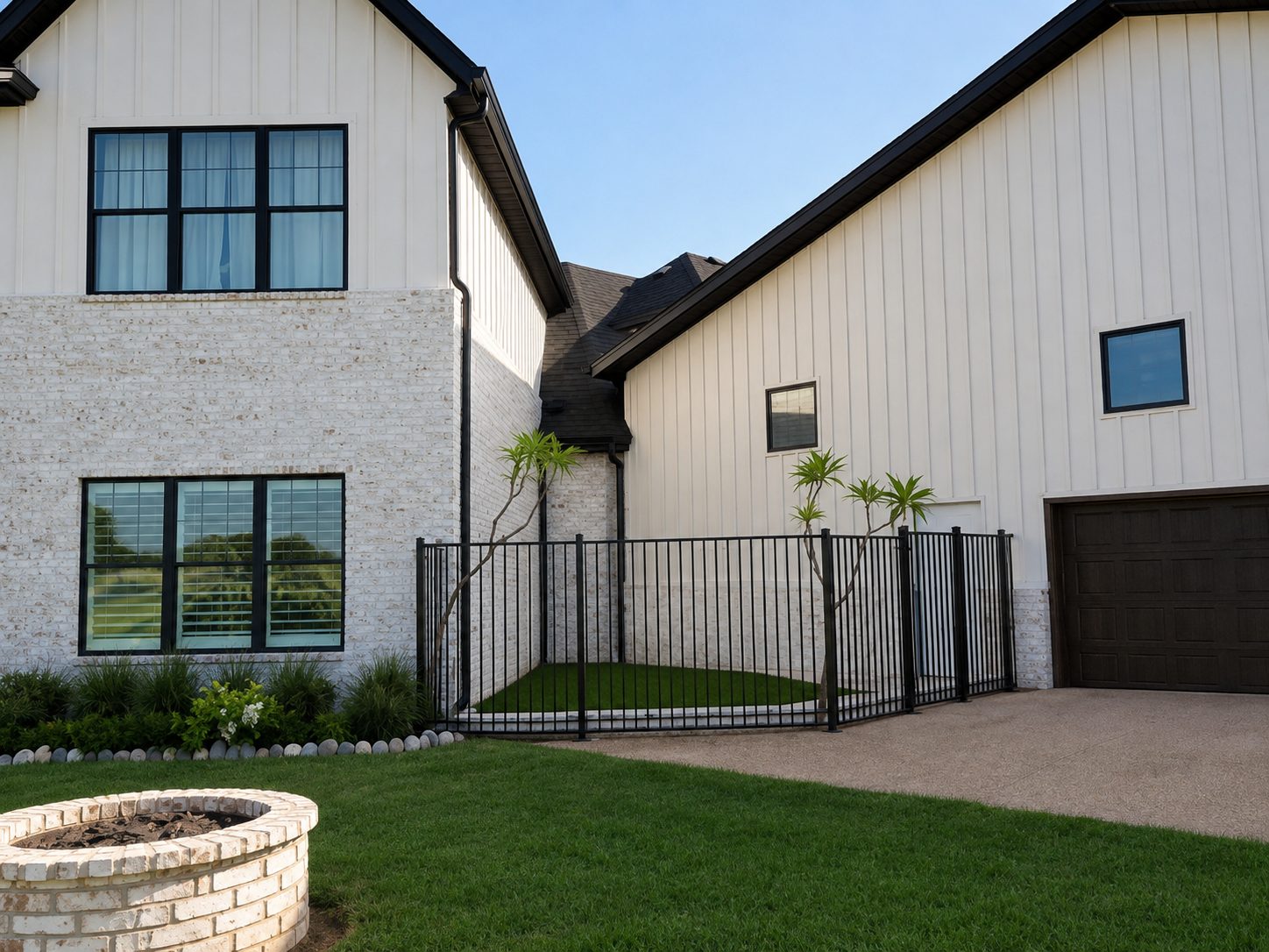 Modern farmhouse with black gutters against white board-and-batten.